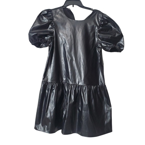 NWT English‎ Factory Faux Leather Mini Dress Puff Sleeve Tiered Black L - Picture 1 of 8